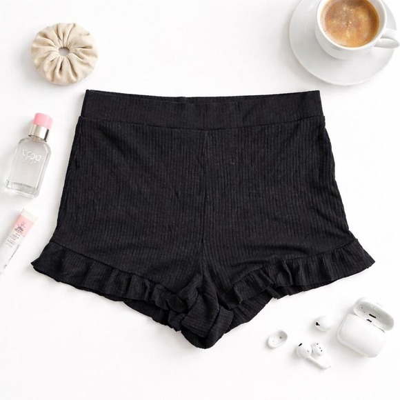 aerie Pants - Aerie Ribbed Ruffle Lounge Pajama Shorts Black Size Medium